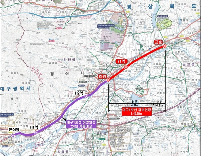 대구 1호선 하양∼영천 연장 사업 노선도. 경북도 제공