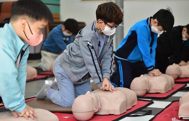 [대구=뉴시스] 이무열 기자 = 1일 오전 대구 달서구 성지초등학교 안전체험교실에서 학생들이 심폐소생술(CPR) 교육을 받고 있다. 심폐소생술은 심장이 멈췄을 때 인공적으로 혈액을 순환시키고 호흡을 돕는 응급치료법으로 심정지 환자의 '골든타임' 4~5분 내에 실시할 경우 환자 생존율을 3배 이상 높일 수 있다. 2022.11.01.