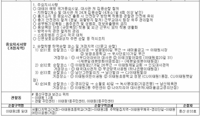 이태원 사고가 발생한 29일 이태원 파출소의 근무 일지. 순찰구역상세 항목을 살펴보면, 순찰 장소로 사고가 발생한 골목은 빠져있다.