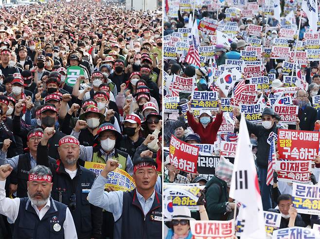 29일 오후 서울 광화문 동화면세점 앞 자유통일당 주최 집회(오른쪽)와 서울시의회 앞 양대노총 공공부문 노동조합 공동대책위원회 주최 '공공노동자 총력 결의대회'가 각각 열린 모습 ⓒ 연합뉴스