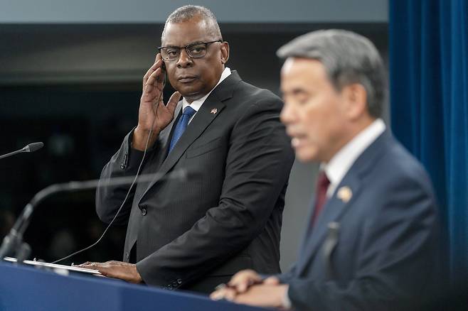 Secretary of Defense Lloyd Austin listens as South Korea`s Minister of National Defense Lee Jong-sup, right, speaks in a joint news conference at the Pentagon, Thursday,Nov. 3, 2022, in Washington. (AP Photo/Andrew Harnik)