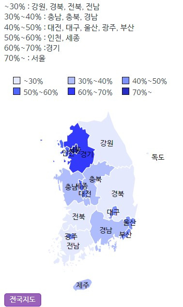 전국 재정자립도 현황. 자료제공=지방재정365