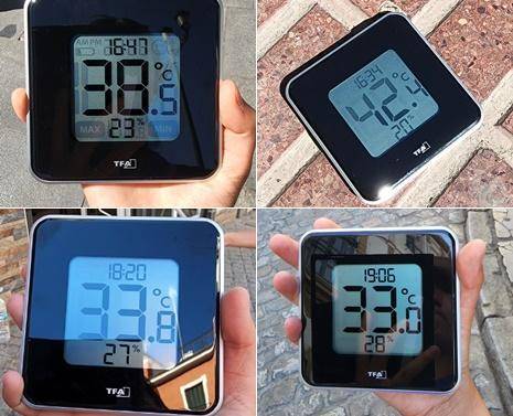 지난 8월 16일(현지시간) 도착한 세비야에서 찍은 온도계. 오후 4시 30분 기준 38.5도(왼쪽 위)를 기록하고 있다. 바닥에 1분 정도를 내려놨던 온도계는 42.4도를 기록했고(오른쪽 위), 오후 7시가 되어서야 33도 아래로 떨어지기 시작했다(오른쪽 아래). 세비야=신은별 기자