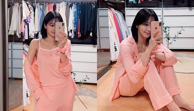 한보름은 사랑스러운 느낌을 자아내는 분홍색 잠옷을 선택했다. 한보름 SNS