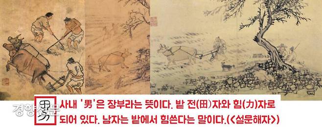 <설문해자>는 “‘사내 남(男)’자는 ‘밭 전(田) 자 밑에 힘 력(力)으로 구성되어 있으며, 남자는 밭에서 힘쓴다는 말”이라고 풀이했다. 남자의 쟁기질 혹은 따비질을 의미한다는 것이다.