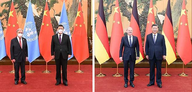 2월 5일 시진핑 주석·구테흐스 유엔 사무총장 회동 모습(왼쪽)과 11월 4일 시진핑 주석·숄츠 독일 총리 회동 모습. 숄츠 총리를 만날 때는 마스크를 하지 않았고 두 정상 간 거리도 가까웠다.