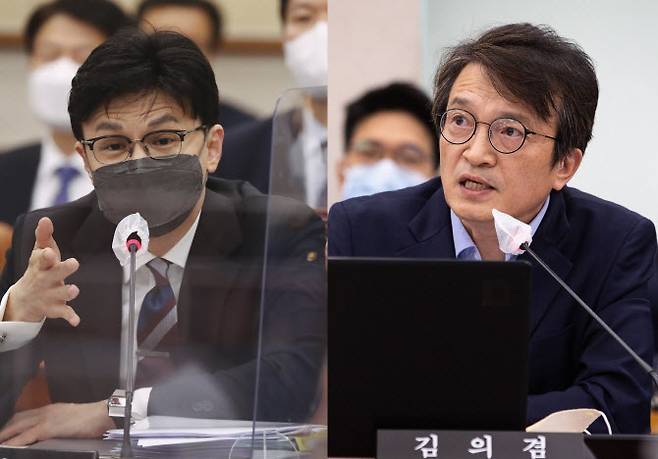 한동훈 법무부 장관과 김의겸 더불어민주당 의원 (사진=국회사진기자단, 뉴스1)