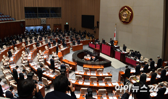 한덕수 국무총리를 비롯한 국무위원들이 7일 오전 서울 여의도 국회에서 열린 예산결산특별위원회 전체회의에서 이태원 참사 희생자들을 위해 묵념하고 있다. [사진=김성진 기자]