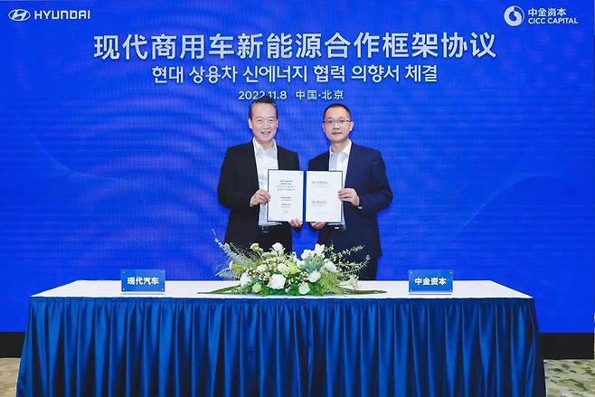 Hyundai Motor Group China Vice President Lee Hyuk-joon (left) and China International Capital Corporation Capital Management department Executive Director Xu Zhongchao pose for a photo after signing a memorandum of understanding in Beijing, Tuesday. (Hyundai Motor Group)