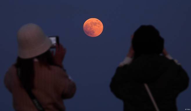 8일 오후 제주시 서쪽 하늘 위로 태양과 지구, 달이 일직선에 놓이며 달이 지구 그림자로 들어가는 현상인 ‘개기월식’이 펼쳐지고 있다. 뉴시스
