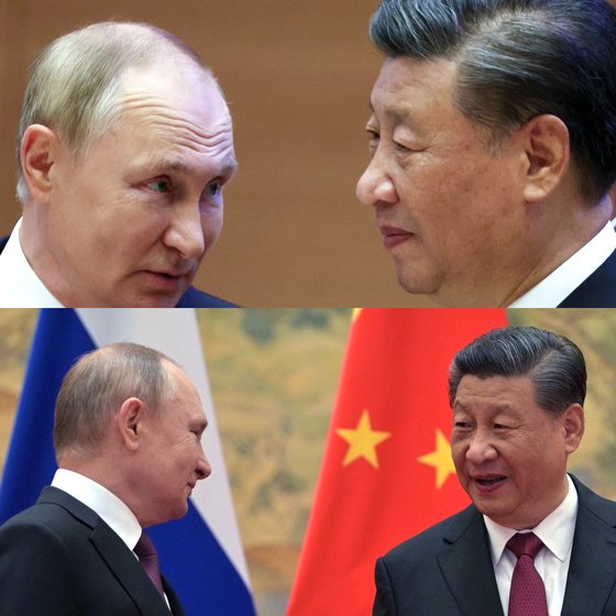 16일 상하이협력기구 회담 중 굳은 표정의 시진핑 중국 국가주석(왼쪽). 아래 사진은 2월 베이징에서 푸틴 러시아 대통령을 밝게 맞이하던 모습. [AP·타스=연합]