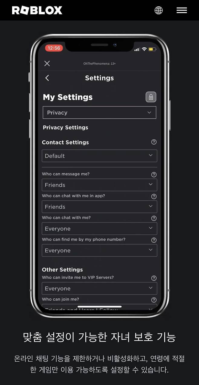 로블록스의 '자녀 보호 기능'. /로블록스