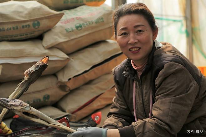 곧 출고할 말린 명태를 들어보이고 있는 김도정 해솜 대표.