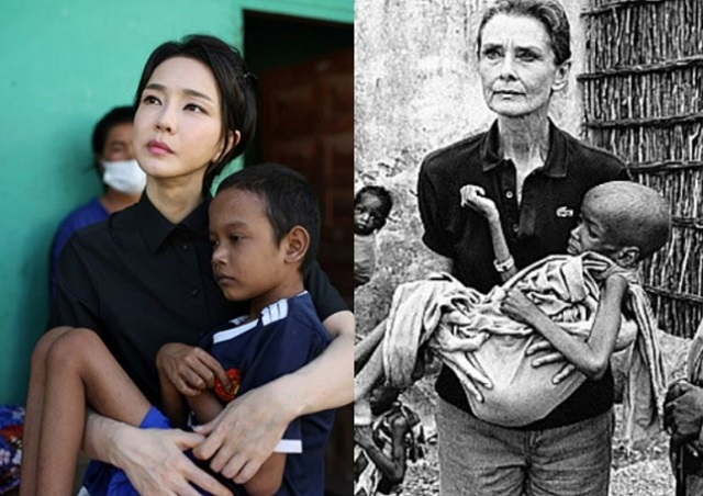 지난 12일(현지시간) 캄보디아 프놈펜의 한 선천성 심장질환 환아의 집을 찾은 김건희 여사. 오른쪽 사진은 1992년 소말리아 바이도아 유니세프 급식센터를 찾은 영화배우 오드리 헵번이 영양실조 어린이를 안고 있는 모습. 대통령실 제공, 유니세프 페이스북 캡처