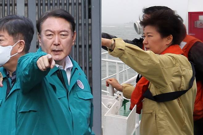 2022년 10월30일 서울 용산구 이태원 압사 참사 현장을 둘러보고 있는 윤석열 대통령의 모습(왼)과 2014년 4월17일 전남 진도군 세월호 침몰 현장을 찾아 구조 활동을 독려하는 박근혜 당시 대통령의 모습 ⓒ 연합뉴스