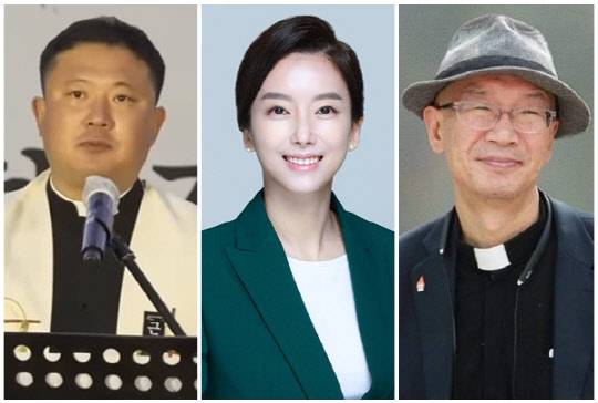 (왼쪽부터) 박주환 신부, 김영윤 국민의힘 중앙위원회 여성분과 부위원장, 김규돈 신부. <김영윤·김규돈 SNS, 유튜브 방송화면>