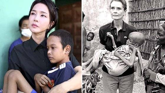 지난 12일(현지시간) 캄보디아 프놈펜의 한 선천성 심장질환 환아의 집을 찾은 김건희 여사의 모습, 야권에서는 이 모습이 1992년 소말리아 바이도아 유니세프 급식센터를 찾은 영화배우 오드리 헵번(오른쪽)이 영양실조 어린이를 안고 있는 사진 속 모습과 흡사하다는 주장이 나오고 있다. 사진 대통령실, 유니세프 페이스북 캡처