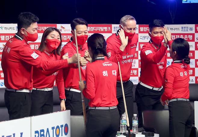 PBA 팀리그 SK렌터카 선수들의 파이팅 모습.