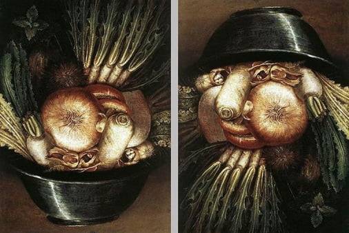 아르침볼도의 '정원사'(1587~1590). 아르침볼도는 먼저 작품을 정물화로 그린 뒤 이를 돌려 얼굴 모양이 되도록 수정한 것으로 분석된다. 엑스레이 분석에 따르면 작가는 이를 위해 여러 번 과일을 지우고 새로 그렸다.