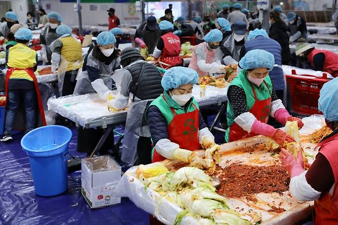 강원도 평창군 진부면에서 열린 평창고랭지김장축제 행사장에서 참여자들이 김치를 담그고 있다.