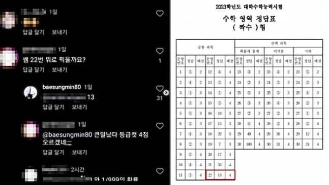 배성민 대성마이맥 강사가 남긴 댓글(왼쪽)과 2023년 수학능력시험 수학 영역 정답지(오른쪽).[사진출처=인스타그램 캡처]