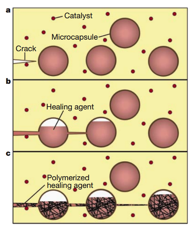 마이크로 캡슐 기반 자가치유 시스템. 출처=whitegroup.beckman.illinois.edu