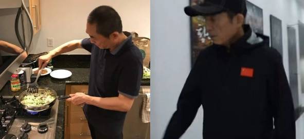 장이머우 감독이 가족을 위해 요리를 하는 장면(왼쪽). 이 사진이 지난 10월 하순 장 감독이 미국 샌프란시스코에 이민을 갔다는 소문의 진원지가 됐다. 오른쪽 사진은 장이머우 작업실이 "이민설은 가짜뉴스"라면서 올린 장 감독의 베이징 작업실 출근 장면. /웨이보, 웨이신