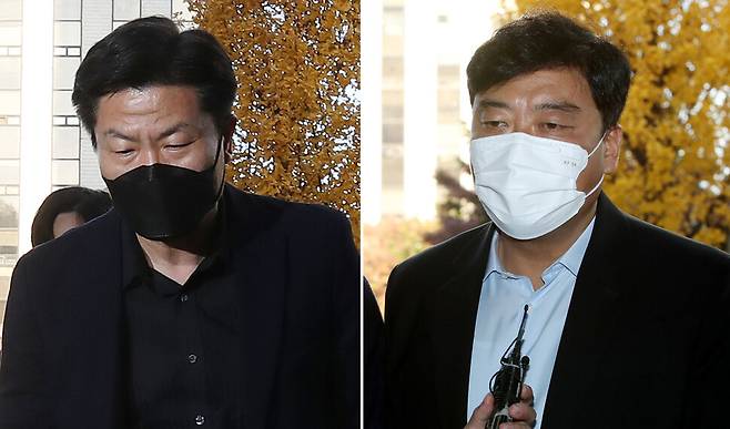 이임재 전 용산경찰서장(왼쪽 사진)과 최성범 용산소방서장이 21일 오전 서울 마포구 이태원사고 특별수사본부로 소환되고 있다. 신소영 기자 viator@hani.co.kr