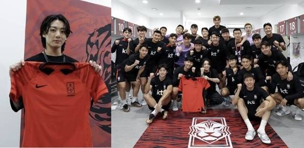 방탄소년단 정국이 한국 축구 대표팀을 만나 응원했다. 사진｜대한축구협회