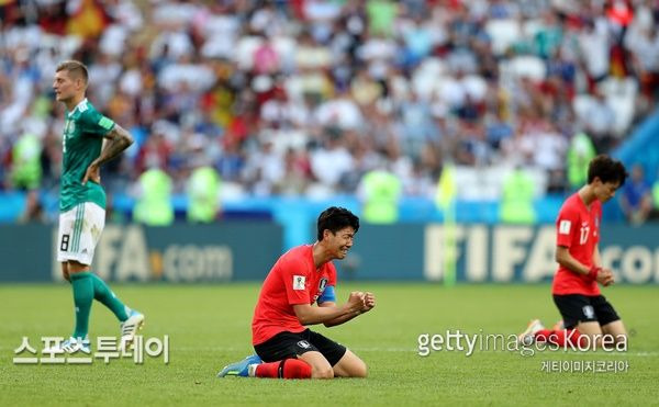 2018 러시아월드컵에서 독일을 꺾었던 한국 손흥민(가운데)과 이재성(오른쪽) / 사진=Gettyimages 제공