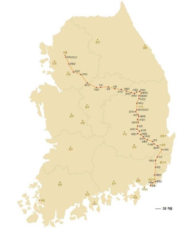 조선 후기'증보문헌비고'(增補文獻備考)에 따른 '제2로 직봉' 봉수 노선 지도 2015년 발행한 전국 봉수 유적 기초학술조사 보고서 내용 [문화재청 제공. 재판매 및 DB 금지]