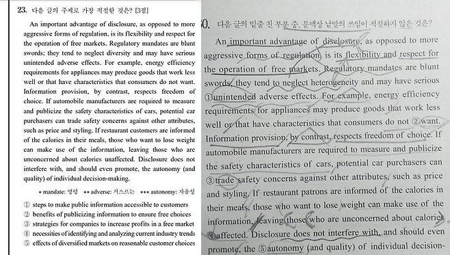 (좌)2023 수능 영어 영역23번 문항, (우) 입시학원 A 강사가 배포한 모의고사 문항ⓒ온라인 커뮤니티