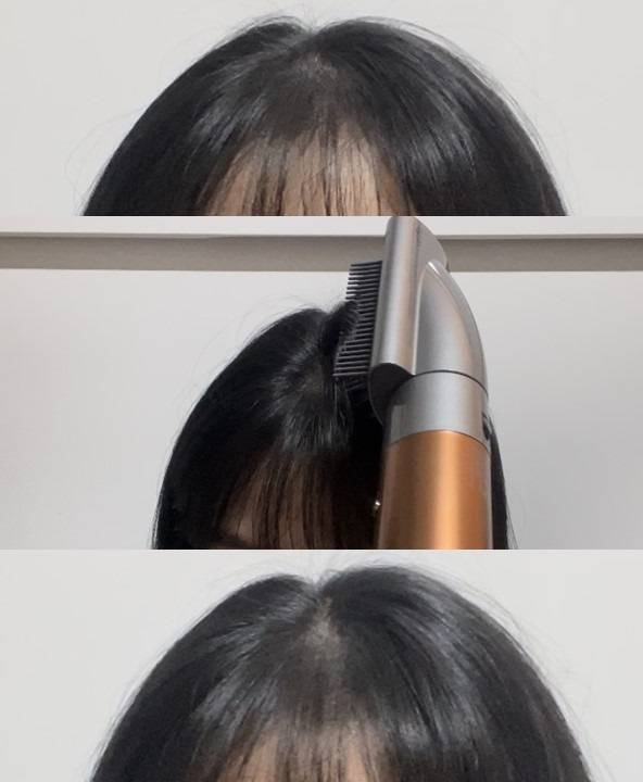 다이슨 에어랩 멀티 스타일러 스무딩 브러시로 가르마 왼쪽 윗머리에 볼륨을 줬다. (위에서부터)브러시 사용 전, 브러시를 이용해 머리 볼륨을 주는 모습, 브러시 사용 후 볼륨감이 들어간 모습./사진=백유진 기자 byj@