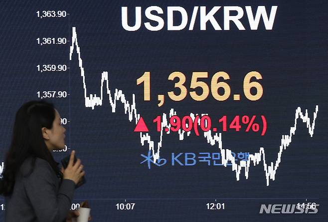 [서울=뉴시스] 전진환 기자 = 22일 오후 서울 여의도 KB국민은행 딜링룸 전광판에 환율이 표시되고 있다. 원 달러 환율은 전 거래일 대비 1.9원 오른 1356.6원에 거래를 마쳤다. 2022.11.22amin2@newsis.com