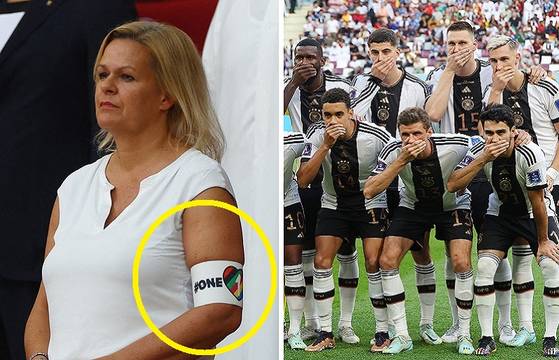 '무지개 완장'을 찬 낸시 페더 독일 내무장관(왼쪽)과 입 막고 단체사진을 찍은 독일 대표팀.〈사진=로이터, 연합뉴스〉