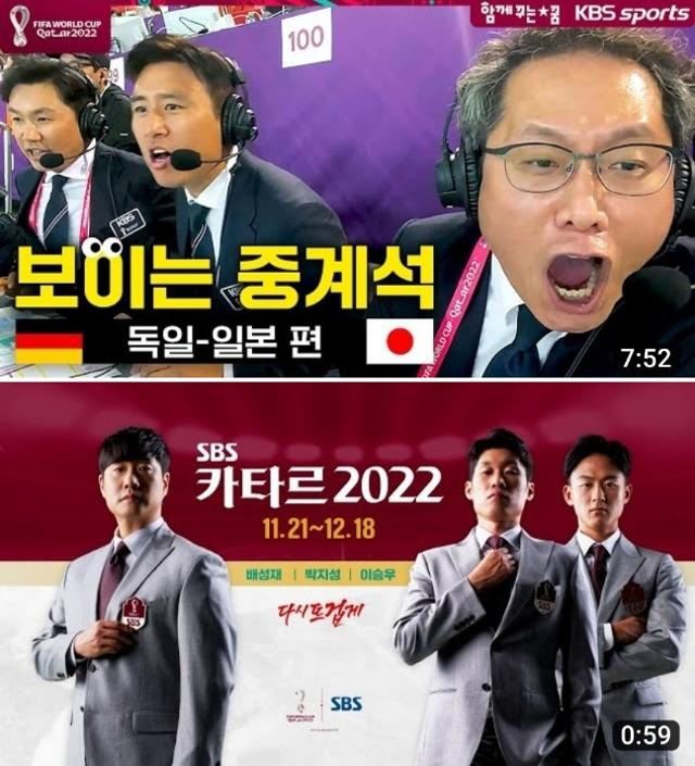 2022 카타르 월드컵 KBS 중계진인 이광용 캐스터와 구자철, 한준희 해설위원. 아래 사진은 SBS 중계진인 배성재 캐스터와 박지성, 이승우 해설위원. 각 방송사 유튜브 캡처.