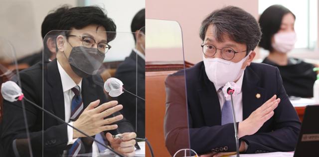 한동훈(왼쪽) 법무부 장관과 김의겸 더불어민주당 의원. 한국일보 자료사진