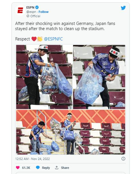 경기 후 청소하는 일본 팬들의 모습. ESPN 트위터 캡처