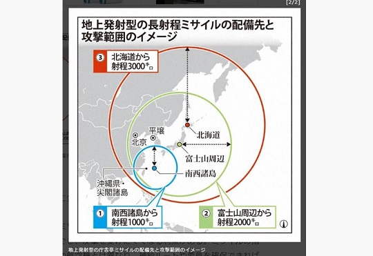 일본의 미사일 배치선과 공격범위(출처 : 마이니치 신문 보도 화면 캡처)