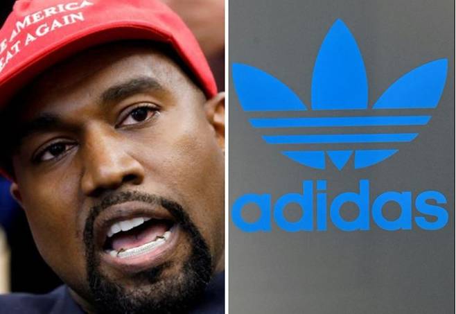 유대인 혐오 발언으로 논란을 빚은 미국 힙합스타 '예'(왼쪽). 글로벌 스포츠 브랜드 아디다스는 예와의 협업 계약을 중단했으나 최근 그의 또 다른 비위 행위가 공개돼 골머리를 앓고 있다.  /ⓒ로이터=뉴스1, AFP=뉴스1