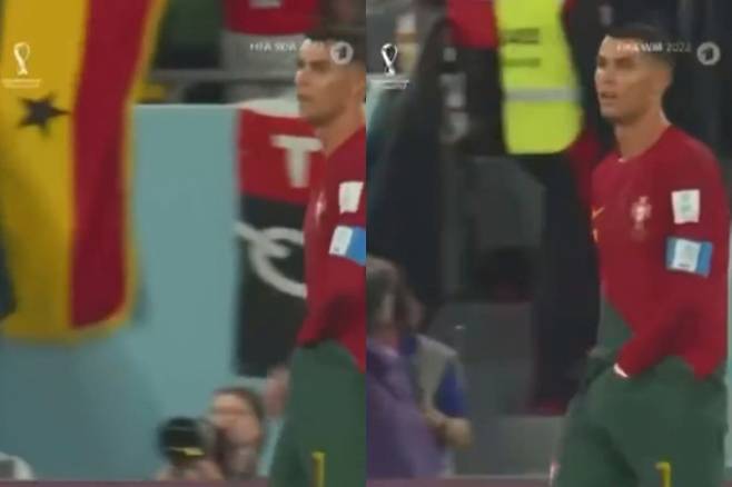 2022 국제축구연맹(FIFA) 카타르 월드컵 H조 1차전 포르투갈과 가나의 경기 도중 이상 행동을 하는 크리스티아누 호날두(무소속) /사진=트위터 캡처