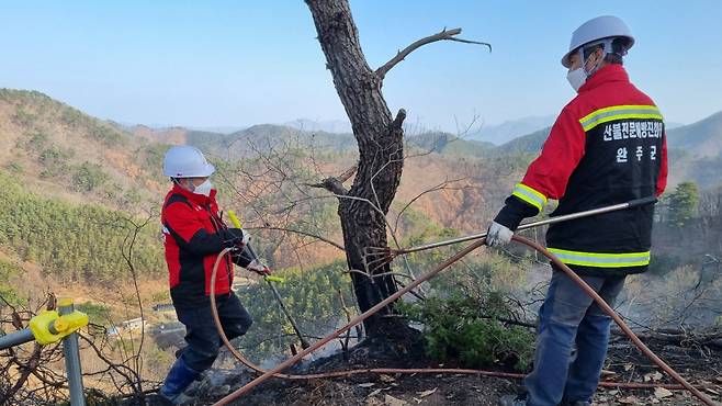 진화대원들이 전북 완주군 화산면과 운주면을 잇는 한 야산에서 잔불을 정리하고 있다. [연합]