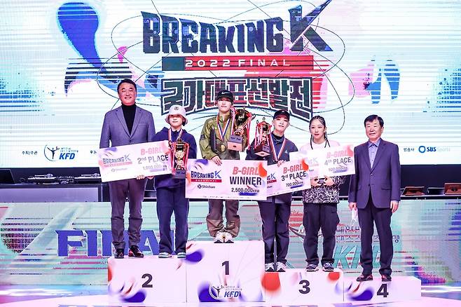 일반부 비걸 시상식. (왼쪽부터 강일성 KFD 회장, 2위 권성희, 1위 전지예, 3위 김예리, 4위 신설빈, 이윤재)