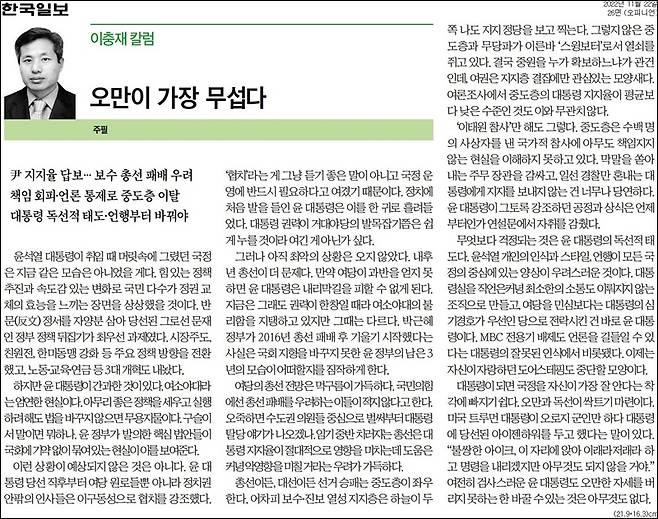 ▲ 2022년 11월22일자 이충재 칼럼.