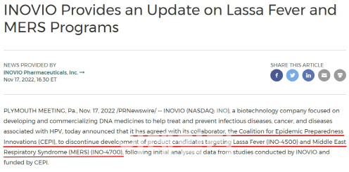 이노비오가 메르스와 라싸 바이러스 백신 개발을 중단한다며 배포한 보도자료.(자료= 이노비오)