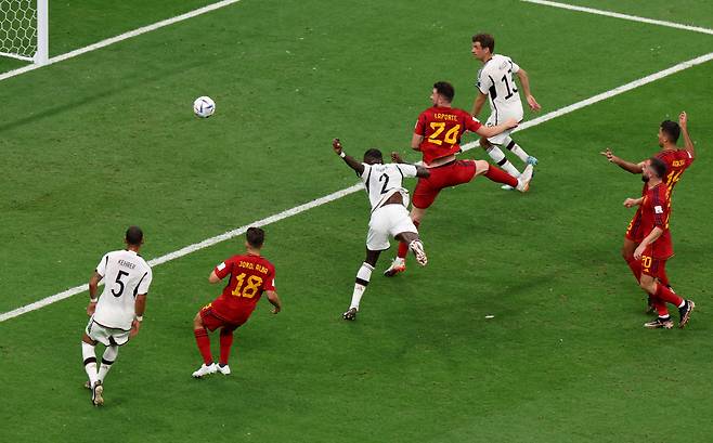 Soccer Football - FIFA World Cup Qatar 2022 - Group E - Spain v Germany - Al Bayt Stadium, Al Khor, Qatar - November 27, 2022 Germany's Antonio Rudiger scores a goal before it is disallowed following a VAR review REUTERS/Molly Darlington