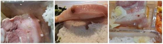 상하이 퉁지대 학생들이 올린 도시락 속 돼지고기 사진. 식용으로 잘 사용하지 않는 암퇘지의 유두 부위가 번번히 도시락에 나오자 학생들은 께름칙하다며 분통을 터트렸다. [중국 웨이보 캡처]