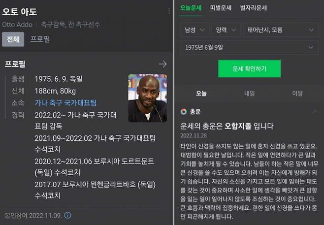 온라인 커뮤니티에 공유된 오토 아도 가나 축구대표팀 감독 오늘의 운세. 네이버 캡처