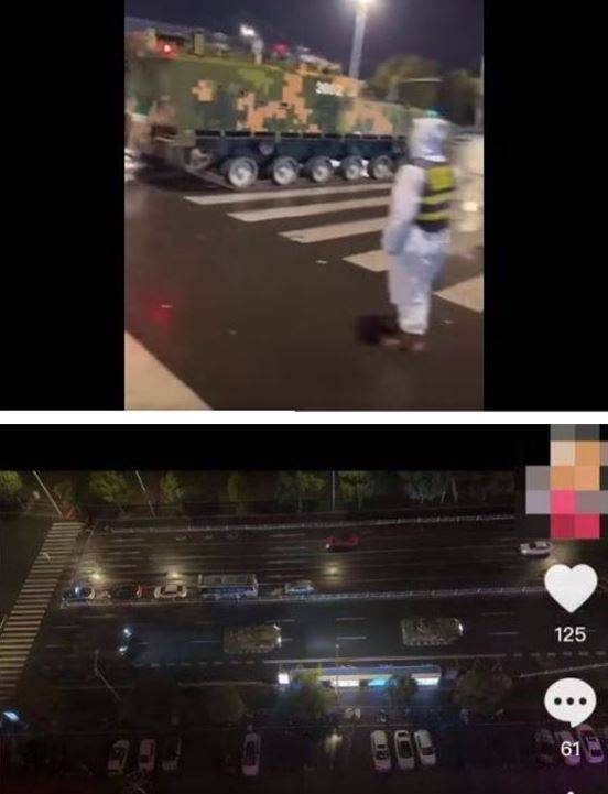 중국 장쑤성 쉬저우 도로에서 이동 중인 장갑차. 대만 자유시보 캡처.