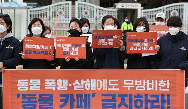 동물자유연대 회원들이 29일 오전 정부서울청사 앞에서 동물카페 운영 금지를 위한 기자회견을 하고 있다. 뉴시스